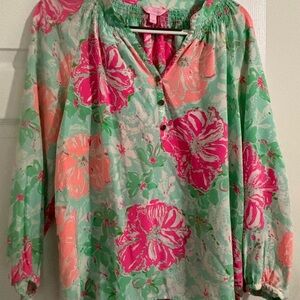 Lilly Pulitzer Elsa Silk Top Mint with Coral & Pink Floral Print Size Large